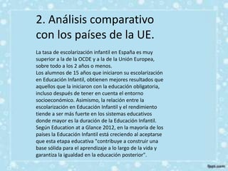 2. Análisis comparativo
con los países de la UE.
La tasa de escolarización infantil en España es muy
superior a la de la OCDE y a la de la Unión Europea,
sobre todo a los 2 años o menos.
Los alumnos de 15 años que iniciaron su escolarización
en Educación Infantil, obtienen mejores resultados que
aquellos que la iniciaron con la educación obligatoria,
incluso después de tener en cuenta el entorno
socioeconómico. Asimismo, la relación entre la
escolarización en Educación Infantil y el rendimiento
tiende a ser más fuerte en los sistemas educativos
donde mayor es la duración de la Educación Infantil.
Según Education at a Glance 2012, en la mayoría de los
países la Educación Infantil está creciendo al aceptarse
que esta etapa educativa "contribuye a construir una
base sólida para el aprendizaje a lo largo de la vida y
garantiza la igualdad en la educación posterior".
 
