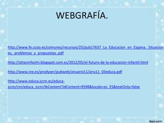 WEBGRAFÍA.

http://www.fe.ccoo.es/comunes/recursos/25/pub17637_La_Educacion_en_Espana._Situacion
es,_problemas_y_propuestas..pdf

http://attacinfoclm.blogspot.com.es/2012/05/el-futuro-de-la-educacion-infantil.html

http://www.ine.es/prodyser/pubweb/anuario11/anu11_03educa.pdf

http://www.educa.jccm.es/educa-
jccm/cm/educa_jccm/tkContent?idContent=9598&locale=es_ES&textOnly=false
 