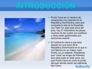 INTRODUCCIÓN
Punta Cana es un destino de
vacaciones muy popular en la
República Dominicana, país que
comparte la isla de la Española
con Haití. En esta esta zona del
país, hay 21 kilómetros de playas,
muchas de las cuales son públicas
y otras están gestionadas por
exclusivos resorts.
El nombre le viene a que está
situado en una zona de la
República Dominicana en la que si
nos fijamos en un mapa, hace
Punta, es un saliente. Añadiendo
que “cana” es el tipo de Palmera
que nace justo en ésta zona, así
que Punta Cana es como la punta
del país donde nacen las palmeras
tipo Cana.

 