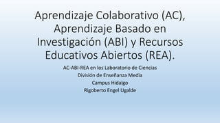 Aprendizaje Colaborativo (AC), Aprendizaje Basado en Investigación (ABI) y Recursos Educativos Abiertos (REA). 
AC-ABI-REA en los Laboratorio de Ciencias 
División de Enseñanza Media 
Campus Hidalgo 
Rigoberto Engel Ugalde  
