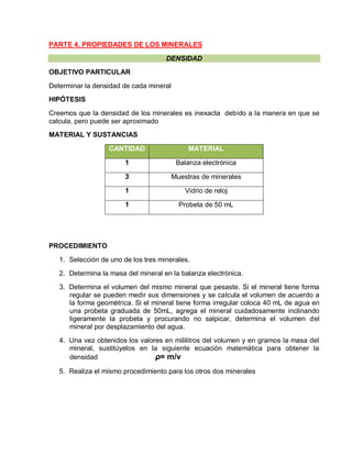 PARTE 4. PROPIEDADES DE LOS MINERALES 
DENSIDAD 
OBJETIVO PARTICULAR 
Determinar la densidad de cada mineral 
HIPÓTESIS 
Creemos que la densidad de los minerales es inexacta debido a la manera en que se 
calcula, pero puede ser aproximado 
MATERIAL Y SUSTANCIAS 
CANTIDAD MATERIAL 
1 Balanza electrónica 
3 Muestras de minerales 
1 Vidrio de reloj 
1 Probeta de 50 mL 
PROCEDIMIENTO 
1. Selección de uno de los tres minerales. 
2. Determina la masa del mineral en la balanza electrónica. 
3. Determina el volumen del mismo mineral que pesaste. Si el mineral tiene forma 
regular se pueden medir sus dimensiones y se calcula el volumen de acuerdo a 
la forma geométrica. Si el mineral tiene forma irregular coloca 40 mL de agua en 
una probeta graduada de 50mL, agrega el mineral cuidadosamente inclinando 
ligeramente la probeta y procurando no salpicar, determina el volumen del 
mineral por desplazamiento del agua. 
4. Una vez obtenidos los valores en mililitros del volumen y en gramos la masa del 
mineral, sustitúyelos en la siguiente ecuación matemática para obtener la 
densidad ρ= m/v 
5. Realiza el mismo procedimiento para los otros dos minerales 
 