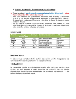 Muestras de Minerales desconocidas A,B, C a identificar 
1. Rotula tus tubos, 3 con la leyenda agua destilada y la letra del mineral y otros 
3 con la leyenda HCl y la letra del mineral. 
2. A los tubos rotulados con agua destilada adicionales 5 mL de esta y 1g de mineral 
ya se A, B, C y agítalos. Posteriormente adicionales 3 gotas de AgNO3 a cada uno 
de estos tubos y observa el fenómeno e identifica si alguno de estos minerales 
contienen Haluros. 
3. Por otra parte a los tubos rotulados con HCl adicionales 5 mL de este y 1 g de 
mineral ya sea A, B, C y agítalos. Observa el fenómeno e identifica si alguno de 
estos minerales contiene sulfuros o carbonatos. 
RESULTADOS 
Mineral Ensayo 
Positivo para 
Pirita HCl FeS2 Olor desagradable Sulfuro 
Calcita HCl CaCO3 Efervescencia Carbonatos 
Halita AgNO3 NaCl Precipitado blanco Haluros 
A HCl FeS2 Olor desagradable Sulfuro 
B HCl CaCO3 Efervescencia Carbonatos 
C AgNO3 NaCl Precipitado blanco Haluros 
OBSERVACIONES 
Fórmula Fenómeno acontecido Clasificación 
Strunz 
Se observo que acertadamente los sulfuros desprenden un olor desagradable, los 
carbonatos efervescencia y los haluros un precipitado blanco 
CONCLUSIONES 
La composición química se pudo identificar gracias a las reacciones que tuvo cada 
mineral con sus adiciones a otras sustancias, se comprobó que los sulfuros 
efectivamente desprenden olor desagradable, los carbonatos efervescencia y los 
haluros sueltan un precipitado blanco 
