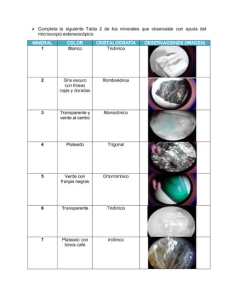  Completa la siguiente Tabla 2 de los minerales que observaste con ayuda del 
microscopio estereoscópico 
MINERAL COLOR CRISTALOGRAFÍA OBSERVACIONES (IMAGEN) 
1 Blanco Triclínico 
2 Gris oscuro 
con líneas 
rojas y doradas 
Romboédrica 
3 Transparente y 
verde al centro 
Monoclínico 
4 Plateado Trigonal 
5 Verde con 
franjas negras 
Ortorrómbico 
6 Transparente Triclínico 
7 Plateado con 
tonos cafe 
triclinico 
 