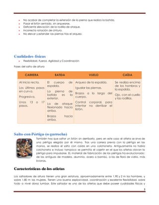 3 
 No acabar de completar la extensión de la pierna que realiza la batida. 
 Pasar el listón sentado, sin arquearse. 
 Deficiente elevación de la rodilla de ataque. 
 Incorrecta rotación de cintura. 
 No elevar y extender las piernas tras el arqueo. 
Cualidades físicas 
 Flexibilidad, Fuerza, Agilidad y Coordinación 
Fases del salto de altura 
CARRERA BATIDA VUELO CAÍDA 
Al inicio recta. 
Los últimos pasos 
en curva. 
Progresiva. 
Unos 13 o 17 
pasos. 
El cuerpo de 
espalda. 
La pierna de 
batida es la 
exterior. 
La de ataque 
flexionada hacia 
arriba. 
Brazos hacia 
arriba. 
Arqueo de la espalda. 
Igualar las piernas. 
Brazos a lo largo del 
cuerpo. 
Control corporal, para 
intentar no derribar el 
listón. 
Se realiza encima 
de los hombros y 
la espalda. 
Ojo, con el cuello 
y las rodillas. 
Salto con Pértiga (o garrocha) 
También hay que saltar un listón sin derribarlo, pero en este caso el atleta se sirve de 
una pértiga elegida por él mismo. Tras una carrera previa con la pértiga en las 
manos, se realiza el salto con caída en una colchoneta. Antiguamente no había 
colchoneta e incluso tampoco se permitía el cajetín en el que los atletas clavan la 
pértiga para impulsarse. EL material de fabricación de las pértigas ha evolucionado: 
de las antiguas de madera, aluminio, acero o bambú, a las de fibra de vidrio, más 
livianas. 
Características de los atletas 
Los saltadores de altura tienen una gran estatura, aproximadamente entre 1,90 y 2 m los hombres, y 
sobre 1,80 m las mujeres. Tienen una buena explosividad, coordinación y excelente flexibilidad, sobre 
todo a nivel dorso lumbar. Este saltador es uno de los atletas que debe poseer cualidades físicas y 
 