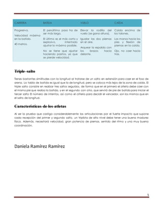 5 
CARRERA BATIDA VUELO CAÍDA 
Progresiva. 
Velocidad máxima 
en la batida. 
40 metros. 
El penúltimo paso ha de 
ser más largo. 
El último es el más corto y 
explosivo, intentado 
ajustar lo máximo posible. 
No se tiene que ajustar 
haciendo pasitos, ya que 
se pierde velocidad. 
Elevar la rodilla del 
vuelo (se gana altura). 
Igualar las dos piernas 
en el aire. 
Arquear la espalda con 
los brazos hacia 
delante. 
Caída encima de 
los talones. 
Las manos hacia los 
pies y flexión de 
piernas en la caída. 
Ojo, no caer hacia 
tras. 
Triple salto 
Tienes bastantes similitudes con la longitud al tratarse de un salto en extensión para caer en el foso de 
arena. La tabla de batida es igual que la de longitud, pero se coloca más lejos de la zona de caída. El 
triple salto consiste en realizar tres saltos seguidos, de forma que en el primero el atleta debe caer con 
el mismo pie que realizo la batida, y en el segundo con otro, que servirá de pie de batida para iniciar el 
tercer salto El número de intentos, así como el criterio para decidir el vencedor, son los mismos que en 
el salto de longitud. 
Características de los atletas 
Al ser la prueba que castiga considerablemente las articulaciones por el fuerte impacto que supone 
cada recepción del primer y segundo salto, un triplista de alto nivel debe tener una buena madurez 
física. Además, necesitará velocidad, gran potencia de piernas, sentido del ritmo y una muy buena 
coordinación. 
Daniela Ramírez Ramírez 
