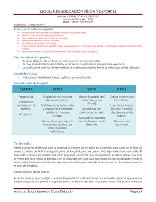 ESCUELA DE EDUCACIÓN FÍSICA Y DEPORTES
MANUAL DE PRÁCTICAS Y EJERCICIOS.
Microsoft Office Ver. 2010
Word – Excel – Power Point
Asignatura.- Computación I
Autor: Lic. Edgar Lawrence Cussin Delgado Página 4
Errores en el salto de longitud
 Hacer pasitos al acercarse a la tabla o realizar una carrera lenta.
 Mirar la tabla en el momento de la batida.
 Poca elevación de la pierna libre en la batida.
 Desequilibrarse en la acción de vuelo.
 No subir las piernas en la recogida.
 Caer sentado, llevando la espalda atrás, apoyándose con una mano por detrás o aterrizando con los pies a diferentes
niveles.
 Describir en el aire una parábola demasiado alta en perjuicio de la longitud.
Características de la prueba
 Es ideal disponer de un foso con arena, pero no imprescindible.
 Es muy importante la velocidad y la técnica. Los saltadores son grandes velocistas.
 Los saltadores buenos tienen medida la carrera para evitar frenar la velocidad antes del salto.
Cualidades físicas
 Velocidad, flexibilidad, fuerza, agilidad y coordinación
Fases del salto de Longitud
CARRERA BATIDA VUELO CAÍDA
Progresiva.
Velocidad
máxima en la
batida.
40 metros.
El penúltimo paso ha
de ser más largo.
El último es el más corto
y explosivo, intentado
ajustar lo máximo
posible.
No se tiene que ajustar
haciendo pasitos, ya
que se pierde
velocidad.
Elevar la rodilla del
vuelo (se gana
altura).
Igualar las dos
piernas en el aire.
Arquear la espalda
con los brazos hacia
delante.
Caída encima de
los talones.
Las manos hacia
los pies y flexión
de piernas en la
caída.
Ojo, no caer
hacia tras.
Triple salto
Tienes bastantes similitudes con la longitud al tratarse de un salto en extensión para caer en el foso de
arena. La tabla de batida es igual que la de longitud, pero se coloca más lejos de la zona de caída. El
triple salto consiste en realizar tres saltos seguidos, de forma que en el primero el atleta debe caer con
el mismo pie que realizo la batida, y en el segundo con otro, que servirá de pie de batida para iniciar el
tercer salto El número de intentos, así como el criterio para decidir el vencedor, son los mismos que en
el salto de longitud.
Características de los atletas
Al ser la prueba que castiga considerablemente las articulaciones por el fuerte impacto que supone
cada recepción del primer y segundo salto, un triplista de alto nivel debe tener una buena madurez
 