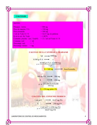 LABORATORIO DE CONTROL DE MEDICAMENTOS 4
CALCULO DE LA CANTIDAD A TRABAJAR
1gr 1000 mg
0.548 gr P.A x
𝑥 =
0.548 𝑔𝑟 𝑃. 𝐴 × 1000 𝑚𝑔
1 𝑔𝑟
X = 548 mg
548 mg PA 500 mg
X 250 mg
𝑥 =
548 𝑚𝑔 𝑃𝐴 ×250 𝑚𝑔
500 𝑚𝑔
X = 274 mg polvo PA
CALCULO DEL CONSUMO TEORICO
1 ml sol I 16.67 mg PA
X 250 mg PA
𝑥 =
1 𝑚𝑙 𝑠𝑜𝑙 𝐼 × 250 𝑚𝑔 𝑃𝐴
16.67 𝑚𝑔 𝑃𝐴
CALCULOS
DATOS
Principio Activo = 500 mg
Peso de muestra P.A = 250 mg
Peso promedio = 548 mg
1 ml de Yodo 0.1 N = 16.67 mg de piridona
K de la sol. De Yodo = 1.0078
Consumo practico (sol. Yodo9) = 13.1 ml sol Yodo 0.1 N
Consumo real = ml
Porcentaje real = ?
Porcentaje teórico = mg
PesoPromedio
 