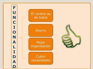 Cubrir
necesidades
Mejor
organización
Ahorro
El control es
de todos
F
U
N
C
I
O
N
A
L
I
D
A
D