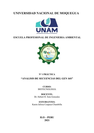 UNIVERSIDAD NACIONAL DE MOQUEGUA
ESCUELA PROFESIONAL DE INGENIERIA AMBIENTAL
Nº 1 PRÁCTICA
“ANALISIS DE SECUENCIAS DEL GEN 16S”
CURSO:
BIOTECNOLOGIA
DOCENTE:
Dr. Hebert H. Soto Gonzales
ESTUDIANTES:
Karen Julissa Coapaza Chambilla
ILO – PERU
2021
 