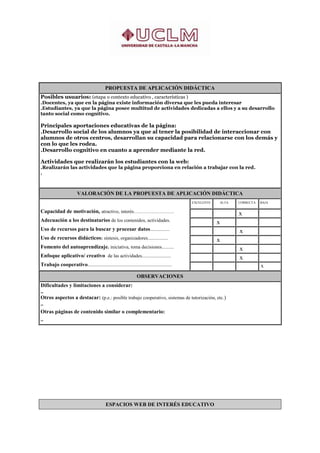PROPUESTA DE APLICACIÓN DIDÁCTICA
Posibles usuarios: (etapa o contexto educativo , características )
.Docentes, ya que en la página existe información diversa que les pueda interesar
.Estudiantes, ya que la página posee multitud de actividades dedicadas a ellos y a su desarrollo
tanto social como cognitivo.

Principales aportaciones educativas de la página:
.Desarrollo social de los alumnos ya que al tener la posibilidad de interaccionar con
alumnos de otros centros, desarrollan su capacidad para relacionarse con los demás y
con lo que les rodea.
.Desarrollo cognitivo en cuanto a aprender mediante la red.

Actividades que realizarán los estudiantes con la web:
.Realizarán las actividades que la página proporciona en relación a trabajar con la red.
.



                        VALORACIÓN DE LA PROPUESTA DE APLICACIÓN DIDÁCTICA
                                                                                            EXCELENTE        ALTA       CORRECTA   BAJA

Capacidad de motivación, atractivo, interés…………………….                                                    .
                                                                                                                    ..  x          .

Adecuación a los destinatarios de los contenidos, actividades.                              .
                                                                                                        ..  x       .              .

Uso de recursos para la buscar y procesar datos................                             .           .
                                                                                                                    ..   x         .

Uso de recursos didácticos: síntesis, organizadores.................                        .
                                                                                                        ..  x       .              .

Fomento del autoaprendizaje. iniciativa, toma decisiones..........                          .           .
                                                                                                                    .. x           .

Enfoque aplicativo/ creativo de las actividades........................                     .           .
                                                                                                                    . .x
                                                                                                                                   .

Trabajo cooperativo......................................................................   .           .           ..
                                                                                                                                   .   x
                                                                 OBSERVACIONES
Dificultades y limitaciones a considerar:
..
Otros aspectos a destacar: (p.e.: posible trabajo cooperativo, sistemas de tutorización, etc.)
..
Otras páginas de contenido similar o complementario:
..




                                            ESPACIOS WEB DE INTERÉS EDUCATIVO
 