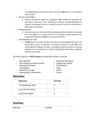 con Staphylococcus aureus se curaban antes con el kéfir que con un antibiótico
convencional.
o Sistema inmunológico
 Diversos estudios en Argentina y Canadá en 2005 señalan que productos de
kéfir (tanto artesanales como industriales) estimulan considerablemente el
sistema inmunológico, tanto con respecto al cáncer como en la lucha frente a
patógenos intracelulares.
o Anticancerígeno
 Comoreferencia,unode losmuchosestudiosque existenal respecto,el realizado
en el año 2000 por el equipo del doctor N. Furukawa, resaltó claramente los
efectos antimetástasis del kéfir en el cáncer de pulmón.
o Enfermedades de la piel
 El kéfir parece ser de gran ayuda en caso de sufrir enfermedades de la piel o de
tipo alérgico y asma. Por ejemplo, un estudio realizado en el año 2000 en la
Universidad de Hokkaido en Japón, comprobó los efectos del kéfir en ratones
alérgicos con un resultado de un 43% de reducción de inflamación y un 62% de
reducción del edema.
De manera general, el kéfir de agua se recomienda cuando se sufre de:
o Mala digestión
o Enfermedades gastrointestinales
o Debilidad del sistema
inmunológico
o Problemas de la piel
o Enfermedades inflamatorias
o Prevención del cáncer
o Hipertensión arterial
o Estreñimiento
o Asma
o Artritis
o Úlceras
Materiales:
Materiales Cantidad
Tarro grande de vidrio 1
Escurridor de plastico 1
Cuchara de madera 1
Reactivos:
Reactivos Cantidad
 