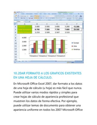 10.2DAR FORMATO A LOS GRAFICOS EXISTENTES
EN UNA HOJA DE CÁLCULO.
En Microsoft Office Excel 2007, dar formato a los datos
de una hoja de cálculo (u hoja) es más fácil que nunca.
Puede utilizar varios modos rápidos y simples para
crear hojas de cálculo de apariencia profesional que
muestren los datos de forma efectiva. Por ejemplo,
puede utilizar temas de documento para obtener una
apariencia uniforme en todos los 2007 Microsoft Office
 