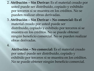 2. Atribución – Sin Derivar: Es el material creado por
   usted puede ser distribuido, copiado y exhibido
   por terceros si se muestra en los créditos. No se
   pueden realizar obras derivadas.
3. Atribución – Sin Derivar – No comercial: Es el
   material creado por usted puede ser
   distribuido, copiado y exhibido por terceros si se
   muestra en los créditos. No se puede obtener
   ningún beneficio comercial. No se pueden realizar
   obras derivadas.
4.
   Atribución – No comercial: Es el material creado
   por usted puede ser distribuido, copiado y
   exhibido por terceros si se muestra en los créditos.
   No se puede obtener ningún beneficio comercial.
 