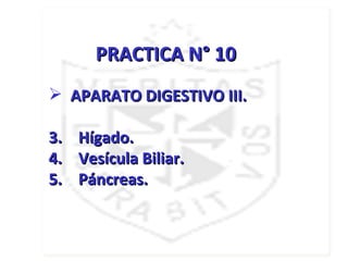 PRACTICA N° 10
 APARATO DIGESTIVO III.

3.   Hígado.
4.   Vesícula Biliar.
5.   Páncreas.
 