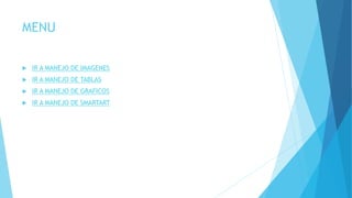 MENU
 IR A MANEJO DE IMAGENES
 IR A MANEJO DE TABLAS
 IR A MANEJO DE GRAFICOS
 IR A MANEJO DE SMARTART
 