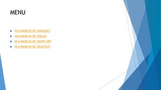 MENU
 IR A MANEJO DE IMAGENES
 IR A MANEJO DE TABLAS
 IR A MANEJO DE SMART ART
 IR A MANEJO DE GRAFICOS
 