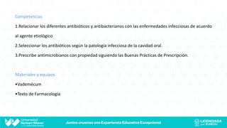 Competencias
1.Relacionar los diferentes antibióticos y antibacterianos con las enfermedades infecciosas de acuerdo
al agente etiológico
2.Seleccionar los antibióticos según la patología infecciosa de la cavidad oral.
3.Prescribe antimicrobianos con propiedad siguiendo las Buenas Prácticas de Prescripción.
Materiales y equipos
•Vademécum
•Texto de Farmacología
 