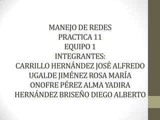 MANEJO DE REDES
PRACTICA 11
EQUIPO 1
INTEGRANTES:
CARRILLO HERNÁNDEZ JOSÉ ALFREDO
UGALDE JIMÉNEZ ROSA MARÍA
ONOFRE PÉREZ ALMA YADIRA
HERNÁNDEZ BRISEÑO DIEGO ALBERTO
 