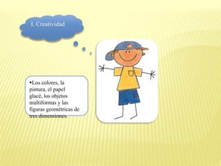 I. Creatividad




Los colores, la
pintura, el papel
glacé, los objetos
multiformas y las
figuras geométricas de
tres dimensiones.
 