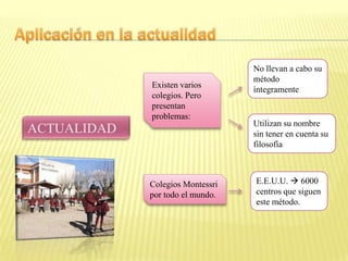 No llevan a cabo su
                     método
Existen varios
                     íntegramente
colegios. Pero
presentan
problemas:
                     Utilizan su nombre
                     sin tener en cuenta su
                     filosofía



Colegios Montessri   E.E.U.U.  6000
por todo el mundo.   centros que siguen
                     este método.
 