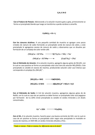 C6H5-C-N-O
Con el Yoduro de Potasio: Adicionando a la solución muestra gota a gota, primeramente se
forma un precipitado blando que luego se transforma a pardo-verdoso o amarillo.
Cu(NO3)2 + IK + I3
-
Con los cianuros alcalinos: A una pequeña cantidad de muestra se agregan unos pocos
cristales de cianuro de sodio formando un precipitado verde de cianuro de cobre, a este
precipitado le agregamos exceso de cianuro de sodio y observamos que se disuelve por
formación de un complejo de color verde-café.
(NO3)Cu + 2CNNa (CN)2Cu + NO3
-
+ Na+
(NO3)Cu + 3CNNa [Cu(CN)3]=
+ 3Na+
Con el Hidróxido de Amonio: A la solución muestra, agregarle algunas gotas de NH4OH, con
lo cual en caso positivo se forma un precipitado color azul claro de solución NO3(OH)Cu. Este
precipitado es soluble en exceso de reactivo, produciendo solución color azul intenso que
corresponde al complejo [Cu (NH3)4]++
.
(NO3)2Cu + NH3 Cu(OH)NO3
(NO3)2Cu +3 NH3 2[Cu(NH3)4++
+ NO3H + H2O
Con el Hidróxido de Sodio: A 1ml de solución muestra, agregamos algunas gotas de de
NaOH, con lo cual en caso de ser positivo se debe formar un precipitado color azul pegajoso
por formación de Cu (OH) 2.Este precipitado es soluble en ácidos minerales y en álcalis
concentrados.
Cu++
+ 2OH Cu(OH)2
Con el SH2: A la solución muestra, hacerle pasar una buena corriente de SH2, con lo cual en
caso de ser positivo se forma un precipitado color negro este precipitado es insoluble en
exceso de reactivo, en KOH 6M, en ácidos minerales diluidos y fríos .
“Nada es veneno , Todo es veneno, La diferencia esta en la dosis”
 