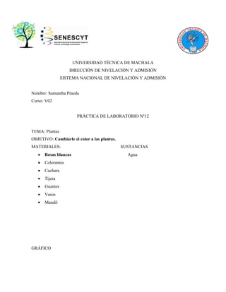 UNIVERSIDAD TÉCNICA DE MACHALA
DIRECCIÓN DE NIVELACIÓN Y ADMISIÓN
SISTEMA NACIONAL DE NIVELACIÓN Y ADMISIÓN

Nombre: Samantha Pineda
Curso: V02

PRÁCTICA DE LABORATORIO Nº12

TEMA: Plantas
OBJETIVO: Cambiarle el color a las plantas.
MATERIALES:
Rosas blancas
Colorantes
Cuchara
Tijera
Guantes
Vasos
Mandil

GRÁFICO

SUSTANCIAS
Agua

 