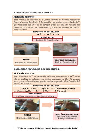 “Todo es veneno, Nada es veneno, Todo depende de la dosis“
5. REACCIÓN CON AZUL DE METILENO:
REACCIÓN POSITIVA
Este reactivo es reducido a la forma incolora al hacerlo reaccionar
frente al estaño bivalente. A la solución con posible presencia de Sn+2
(por reducción del Sn+4
) se le agregan gotas de azul de metileno (al
0,01% en HCl), el Sn+2
se oxida a Sn+4
y el azul de metileno se reduce,
decolorándose.
REACCIÓN DE COLORACIÓN:
Sn+2
↔ Sn+4
+ 2 e-
RESULTADO:
Positivo No Característico
6. REACCIÓN CON CLORURO DE MERCURIO II.
REACCIÓN POSITIVA
Para identificar Sn+4
es necesario reducirlo previamente a Sn+2
. Para
ello se acidifica la solución con posible presencia de Sn+. Se agrega
unas gotas del reactivo que puede realizarse para la identificación del
Estaño, es el HgCl2
REACCIÓN DE COLORACIÓN:
2 HgCl2 + 2 e-
↔ Hg2Cl2 + 2 Cl-
(calomel, blanco)
continuar: Hg2Cl2 + 2 e-
↔ 2 Hg° + 2 Cl-
(negro)
ANTES
Reacción de coloración:
DESPÚES ESULTADO:
Positivo Característico
ANTES
Reacción de coloración:
DESPÚES RESULTADO:
Positivo Característico
(Precipitado blanco)
RESULTADO:
Positivo Característico (Precipitado blanco)
 