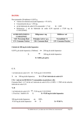 “la calidad esta en ti, no dejes que otros Sufran las consecuencias“ Página 9
DATOS:
Peso promedio (20 tabletas)= 0.2075 g
 Valores de referencia de ácido Iopanoico = 97-101%.
 Concentración de p.a = 250 mg
 ml de hidróxido de sodio 0,1N consumido= 1.7 ml K= 1.005
 Referencia= 1 ml de hidróxido de sodio 0,1N equivale a 57,09 mg de
C11H12I3NO2.
ACIDO IOPANOICO =
C11H12I3NO2.
Miligramos= mg Mililitros= ml
%R= Porcentaje Real Principio Activo= p.a. Normalidad= N
CT= Consumo Teórico CR= Consumo Real CP= Consumo Practico
Calculo de 100 mg de ácido Iopanoico
0.2075 g de ácido Iopanoico. (Tabletas) 250 mg de ácido Iopanoico
X 100 mg de ácido Iopanoico
X= 0.083 g de polvo
C. T.
1 ml hidróxido de sodio 0,1N 57,09 mg de C11H12I3NO2.
X 100 mg ácido Iopanoico X= 1.75 ml hidróxido de sodio 0,1N
C R. = (ml sol. de HClO4 0.1 N consumidos en práctica) x (K)
Consumo Real = (1.7 ml de sol. hidróxido de sodio 0,1N) x (1.005) = 1.7085 ml de solución
hidróxido de sodio 0,1N
% R
1 ml hidróxido de sodio 0,1N 57,09 mg de C11H12I3NO2
1.70 ml Sol. NaOH 0.1N X X= 97.05 mg de ácido Iopanoico
100 mg de ácido Iopanoico 100%
97.05 mg de ácido Iopanoico X X= 97.05 %
 