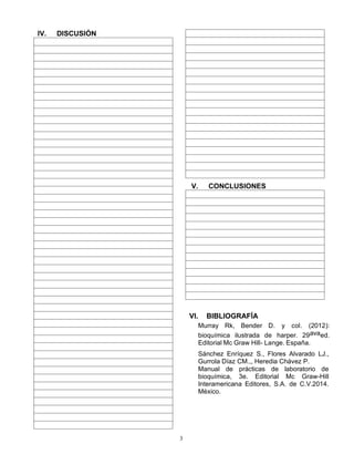 3
IV. DISCUSIÓN
V. CONCLUSIONES
VI. BIBLIOGRAFÍA
Murray Rk, Bender D. y col. (2012):
bioquímica ilustrada de harper. 29avaed.
Editorial Mc Graw Hill- Lange. España.
Sánchez Enríquez S., Flores Alvarado LJ.,
Gurrola Díaz CM.,, Heredia Chávez P.
Manual de prácticas de laboratorio de
bioquímica, 3e. Editorial Mc Graw-Hill
Interamericana Editores, S.A. de C.V.2014.
México.
 