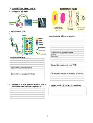 4
▪ ACTIVIDADES EXTRA-AULA:
▪ Extracción del ADN
▪ Estructura de ADN
▪
Composición del ADN
Bases nitrogenadas purinas
Bases nitrogenadas pirimidinas
▪ Proceso en la cual participa el ADN, para la
transmisión de la información genética.
Importancia del ADN en el ser vivo.
Esquematizar ejemplos ADN
Plantas
Animales
Causas de mutaciones en el ADN
Ejemplos en plantas, animales y el hombre
▪ BIBLIOGRAFÍA DE LA ACTIVIDAD
 