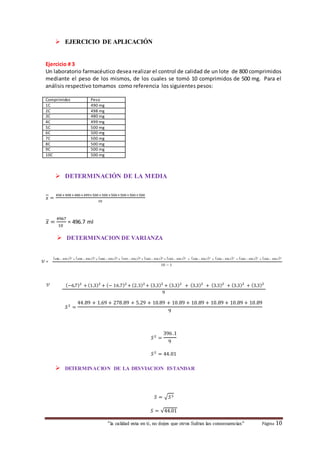  EJERCICIO DE APLICACIÓN 
Ejercicio # 3 
Un laboratorio farmacéutico desea realizar el control de calidad de un lote de 800 comprimidos 
mediante el peso de los mismos, de los cuales se tomó 10 comprimidos de 500 mg. Para el 
análisis respectivo tomamos como referencia los siguientes pesos: 
“la calidad esta en ti, no dejes que otros Sufran las consecuencias“ Página 10 
Comprimidos Peso 
1C 490 mg 
2C 498 mg 
3C 480 mg 
4C 499 mg 
5C 500 mg 
6C 500 mg 
7C 500 mg 
8C 500 mg 
9C 500 mg 
10C 500 mg 
 DETERMINACIÓN DE LA MEDIA 
푥 = 
490 +498 +480+499+500+500+500+500+500 +500 
10 
푥 = 
4967 
10 
= 496.7 ml 
 DETERMINACION DE VARIANZA 
(490 − 496.7)2 + (498 − 496.7)2 + (480 − 496.7)2 + (499 − 496.7)2 + (500 − 496.7)2 + (500 − 496.7)2 + (500 − 496.7)2 + (500 − 496.7)2 + (500 − 496.7)2 + (500 − 496.7)2 
10 − 1 
(−6.7)2 + (1.3)2 + (− 16.7)2 + (2.3)2 + (3.3)2 + (3.3)2 + (3.3)2 + (3.3)2 + (3.3)2 + (3.3)2 
9 
푆 2 = 
44.89 + 1.69 + 278.89 + 5.29 + 10.89 + 10.89 + 10.89 + 10.89 + 10.89 + 10.89 
9 
푆 2 = 
396 .1 
9 
푆 2 = 44.01 
 DETERMINACION DE LA DESVIACION ESTANDAR 
푆 = √푆 2 
푆 = √44.01 
S2 = 
S2 
= 
 