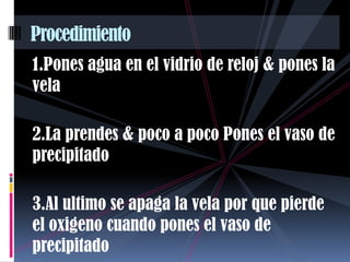 1.Pones agua en el vidrio de reloj & pones la vela2.La prendes & poco a poco Pones el vaso de precipitado3.Al ultimo se apaga la vela por que pierde el oxigeno cuando pones el vaso de precipitadoProcedimiento