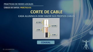 © J.D.CABRERA
PRACTICAS DE REDES LOCALES
CABLES DE DATOS: PRÁCTICA 01
CORTE DE CABLE
CADA ALUMNO/A DEBE HACER SUS PROPIOS CABLES
COAXIAL
0,7 CM
2 CM
0,3 CM
5 CM