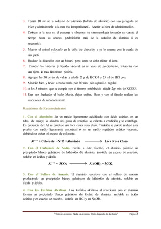 3. Tomar 10 ml de la solución de aluminio (hidrato de aluminio) con una jeringuilla de 
10cc y administrarle a la rata vía intraperitoneal. Anotar la hora de administración. 
4. Colocar a la rata en el panema y observar su sintomatología tomando en cuenta el 
tiempo hasta su deceso. (Administrar más de la solución de aluminio si es 
necesario). 
5. Muerto el animal colocarlo en la tabla de disección y se lo amarra con la ayuda de 
“Todo es veneno, Nada es veneno, Todo depende de la dosis“ Página 3 
una piola. 
6. Realizar la disección con un bisturí, pero antes se debe afeitar el área. 
7. Colocar las vísceras y líquido visceral en un vaso de precipitación, triturarlas con 
una tijera lo más finamente posible. 
8. Agregar las 50 perlas de vidrio y añadir 2 gr de KClO3 y 25 ml de HCl con. 
9. Mezclar bien y llevar a baño maría por 30 min. con agitación regular. 
10. A los 5 minutos que se cumpla con el tiempo establecido añadir 2gr más de KClO3. 
11. Una vez finalizado el baño María, dejar enfriar, filtrar y con el filtrado realizar las 
reacciones de reconocimiento. 
Reacciones de Reconocimiento: 
1. Con el Aluminón: En un medio ligeramente acidificado con ácido acético, en un 
tubo de ensayo se añaden dos gotas de reactivo, se calienta a ebullición y se centrifuga. 
En presencia del Al se produce una laca color rosa claro. También se puede realizar esta 
prueba con medio ligeramente amoniacal o en un medio regulador acético –acetato, 
debiéndose evitar el exceso de colorante. 
Al+++ + Colorante +NH3 +Aluminón Laca Rosa Claro 
2. Con el Carbonato de Sodio. Frente a este reactivo, el aluminio produce un 
precipitado blanco gelatinoso de hidróxido de aluminio, insoluble en exceso de reactivo, 
soluble en ácidos y álcalis. 
Al+++ + 3CO3 Al (OH)3 + 3CO2 
3. Con el Sulfuro de Amonio: El aluminio reacciona con el sulfuro de amonio 
produciendo un precipitado blanco gelatinoso de hidróxido de aluminio, soluble en 
álcalis y ácidos. 
4. Con los Fosfatos Alcalinos: Los fosfatos alcalinos al reaccionar con el aluminio 
forman un precipitado blanco gelatinoso de fosfato de aluminio, insoluble en ácido 
acético y en exceso de reactivo, soluble en HCl y en NaOH. 
 
