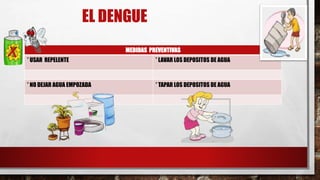 EL DENGUE
MEDIDAS PREVENTIVAS
* USAR REPELENTE * LAVAR LOS DEPOSITOS DE AGUA
* NO DEJAR AGUA EMPOZADA * TAPAR LOS DEPOSITOS DE AGUA