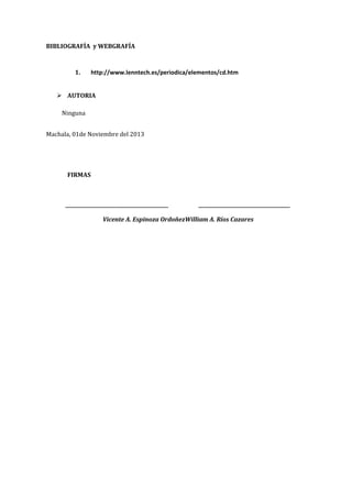 BIBLIOGRAFÍA y WEBGRAFÍA

1.

http://www.lenntech.es/periodica/elementos/cd.htm

 AUTORIA
Ninguna
Machala, 01de Noviembre del 2013

FIRMAS

_____________________________________________

________________________________________

Vicente A. Espinoza OrdoñezWilliam A. Ríos Cazares

 