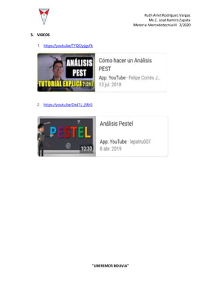 Ruth ArletRodríguezVargas
Ms.C. José RamiroZapata
Materia:MercadotecniaIII 2/2020
“LIBEREMOS BOLIVIA”
5. VIDEOS
1. https://youtu.be/TYQOyijgsFk
2. https://youtu.be/Dx47L_jSRr0
 