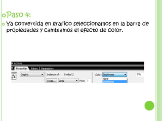  Paso     4:
   Ya convertida en grafico seleccionamos en la barra de
    propiedades y cambiamos el efecto de color.
 