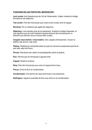 FUNCIONS DE LES PARTS DEL MICROSCOPI:

Lent ocular: lent situada prop de l'ull de l'observador. Capta i àmplia la imatge
formada en els objectius.

Tub ocular: Part del microscopi que uneix la lent ocular amb el capçal.

Revòlver: És un sistema que agafa els objectius.

Objectius: Lent situada prop de la preparació. Amplia la imatge d'aquesta, el
que significa que és molt important aquest element del microscopi,és un
element que permet veure a traves dels oculars.

Cargols macromètric i micromètric: Són cargols d'enfocament, mouen la
platina cap amunt i cap avall.

Platina: Plataforma horitzontal sobre la qual es col·loca la preparació permet el
pas dels rajos del focus.

Pinces: Serveixen per retenir el portaobjectes sobre la platina.

Peu: Permet que el microscopi s’aguanti dret.

Capçal: Sostè el revòlver.

Braç: Part del microscopi que uneix el capçal amb el peu.

Focus: Envia la llum al condensador.

Condensador: Concentra els rajos lluminosos a la preparació.

Diafragma: regula la quantitat de llum que entra en el condensador.




                                        5
 