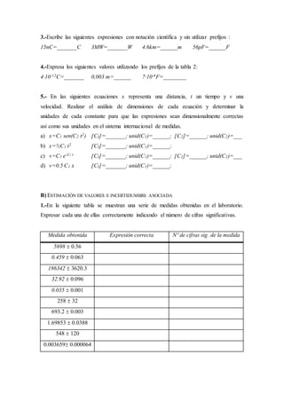 3.-Escribe las siguientes expresiones con notación científica y sin utilizar prefijos :
15nC=_______C 3MW=_______W 4.6km=______m 56pF=______F
4.-Expresa los siguientes valores utilizando los prefijos de la tabla 2:
4·10-12C=_______ 0,003 m=______ 7·10-6F=________
5.- En las siguientes ecuaciones x representa una distancia, t un tiempo y v una
velocidad. Realizar el análisis de dimensiones de cada ecuación y determinar la
unidades de cada constante para que las expresiones sean dimensionalmente correctas
así como sus unidades en el sistema internacional de medidas.
a) x=C1 sen(C2 t2) [CI]=_______; unid(C1)=______; [C2]=______; unid(C2)=___
b) x=½C1 t2 [CI]=_______; unid(C1)=______;
c) v=C1 e-C2 t [CI]=_______; unid(C1)=______; [C2]=______; unid(C2)=___
d) v=0.5 C1 x [CI]=_______; unid(C1)=______;
B) ESTIMACIÓN DE VALORES E INCERTIDUMBRE ASOCIADA
1.-En la siguiente tabla se muestran una serie de medidas obtenidas en el laboratorio.
Expresar cada una de ellas correctamente indicando el número de cifras significativas.
Medida obtenida Expresión correcta Nº de cifras sig. de la medida
5698  0.56
0.459  0.063
186342  3620.3
32.92  0.096
0.035  0.001
258  32
693.2  0.003
1.69853  0.0388
548  120
0.003659 0.000064
 