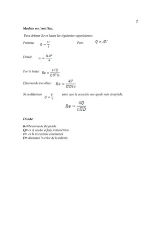 2

Modelo matemático.

Para obtener Re se hacen las siguientes suposiciones:

Primero.                                Pero.



Dónde.



Por lo tanto:


Eliminando variables:


Si sustituimos               para que la ecuación nos quede más despejada.




Donde:

Re=Numero de Reynolds
Q= es el caudal o flujo volumétrico
v= es la viscosidad cinemática
D= diámetro interior de la tubería
 