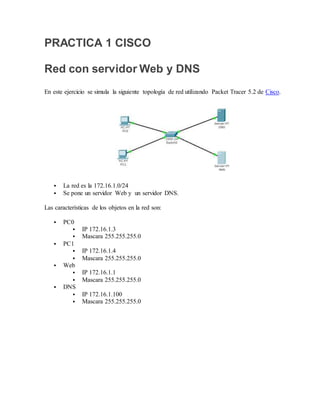 PRACTICA 1 CISCO
Red con servidor Web y DNS
En este ejercicio se simula la siguiente topología de red utilizando Packet Tracer 5.2 de Cisco.
 La red es la 172.16.1.0/24
 Se pone un servidor Web y un servidor DNS.
Las características de los objetos en la red son:
 PC0
 IP 172.16.1.3
 Mascara 255.255.255.0
 PC1
 IP 172.16.1.4
 Mascara 255.255.255.0
 Web
 IP 172.16.1.1
 Mascara 255.255.255.0
 DNS
 IP 172.16.1.100
 Mascara 255.255.255.0
 