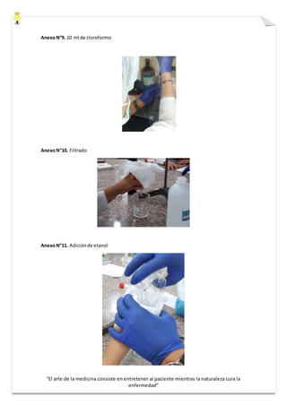 “El arte de la medicina consiste en entretener al paciente mientras la naturaleza cura la
enfermedad”
AnexoN°9. 10 ml de cloroformo
AnexoN°10. Filtrado
AnexoN°11. Adiciónde etanol
 