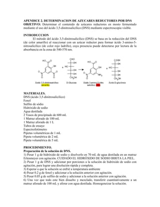 APENDICE 2. DETERMINACION DE AZUCARES REDUCTORES POR DNS
OBJETIVO: Determinar el contenido de azúcares reductores en mosto fermentado
mediante el uso del ácido 3,5-dinitrosalicílico (DNS) mediante espectroscopia visible.

INTRODUCCION
        El método del ácido 3,5-dinitrosalicílico (DNS) se basa en la reducción del DNS
(de color amarillo) al reaccionar con un azúcar reductor para formar ácido 3-amino-5-
nitrosalicílico (de color rojo ladrillo), cuya presencia puede detectarse por lectura de la
absorbancia en la zona de 540-570 nm.




MATERIALES.
DNS (ácido 3,5-dinitrosalicílico)
Fenol
Sulfito de sódio
Hidróxido de sodio
Agua destilada
2 Vasos de precipitado de 600 mL
1 Matraz aforado de 100 mL
1 Matraz aforado de 1 L
Tubos de ensaye
Espectrofotómetro
Pipetas volumétricas de 1 mL
Pipeta volumétrica de 2 mL
Pipeta volumétrica de 5 mL

PROCEDIMIENTO.
Preparación de la solución de DNS.
1) Pesar 1 g de hidróxido de sodio y disolverlo en 70 mL de agua destilada en un matraz
Erlenmeyer con agitación. CUIDADO EL HIDRÓXIDO DE SODIO IRRITA LA PIEL.
2) Pesar 1 g de DNS y adicionar por porciones a la solución de hidróxido de sodio con
agitación, para lograr una disolución rápida y completa.
3) Esperar a que la solución se enfrié a temperatura ambiente
4) Pesar 0.2 g de fenol y adicionar a la solución anterior con agitación.
5) Pesar 0.05 g de sulfito de sodio y adicionar a la solución anterior con agitación.
6) Una vez que todo este bien disuelto y mezclado, transferir cuantitativamente a un
matraz aforado de 100 mL y aforar con agua destilada. Homogeneizar la solución.
 