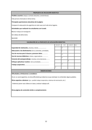 15
PROPUESTA DE APLICACIÓN DIDÁCTICA
Posibles usuarios: (etapa o contexto educativo, características)
Toda persona interesada en dichos temas.
Principales aportaciones educativas de la página:
Comparar la educación de argentina en este caso con la de otros lugares.
Actividades que realizarán los estudiantes con la web:
Realizar trabajos de investigación
Ver vídeos de dicho tema
Aprender
VALORACIÓN DE LA PROPUESTA DE APLICACIÓN DIDÁCTICA
Capacidad de motivación, atractivo, interés…………………….
Adecuación a los destinatarios de los contenidos, actividades.
Uso de recursos para la buscar y procesar datos................
Uso de recursos didácticos: síntesis, organizadores.................
Fomento del autoaprendizaje. iniciativa, toma decisiones..........
Enfoque aplicativo/ creativo de las actividades........................
Trabajo cooperativo......................................................................
EXCELENTE ALTA CORRECTA BAJA
. .x . .
. x. . .
. .x . .
. .x . .
. . x. .
. .x . .
.x . . .
OBSERVACIONES
Dificultades y limitaciones a considerar:
Al ser un canal argentino, la única dificultad que observo es que alomejor no entiendan alguna palabra.
Otros aspectos a destacar: (p.e.: posible trabajo cooperativo, sistemas de tutorización, etc.)
. Podemos poner esos vídeos en clase y realizar trabajos allí.
Otras páginas de contenido similar o complementario:
 