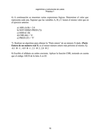 Algoritmos y Estructuras de Datos 
Práctica 1 
6) A continuación se muestran varias expresiones lógicas. Determinar el valor que 
representa cada una. Suponer que las variables A, B y C tienen el mismo valor que en 
el ejercicio anterior. 
16 
a) ABS (A-B) > 2.0 
b) NOT ODD(5-PRED (7)) 
c) ODD (C-D) 
d) CHR (66) = 'A' 
e) PRED ('Z') = 'Y' 
7) Realizar un algoritmo para obtener la “Parte entera” de un número X dado. (Parte 
Entera de un numero real X: es el menor número entero más próximo al mismo; Ej: 
-0.1 à -1 ; -0.9 à-1 ; 2.1 à 2 ; 2.8 à 2 
8) Escribir el alfabeto en orden creciente. Aplicar la función CHR, teniendo en cuenta 
que el código ASCII de la letra A es 65. 
 