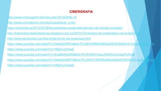 CIBERGRAFIA
http://www.innosupport.net/index.php?id=2024&L=6
http://www.innovaforum.com/tecnica/atributs_e.htm
https://mprende.es/2013/02/28/herramientas-creatividad-ejemplo-de-metodo-scamper/
http://todosobrecreatividadymas.blogspot.com.co/2010/12/metodos-de-creatividad-ii-de-la-lista.html
http://www.serviciostic.com/las-tic/las-tic-en-las-empresas.html
https://www.youtube.com/watch?v=Hetle2sRDFo&list=PLX9ltV4RlN9IvB6baSQHEOKklAvl5-%20sce&index=2
https://www.youtube.com/watch?v=HBg7ozVdsaE
https://www.youtube.com/watch?v=A3zBKXIeD6Q&list=PLfN1B5IY3wzLtC64RLsVmdptTx55w6
https://www.youtube.com/watch?v=Hettle2sRDFO&list=PLXX9ITV4RIN9IvB6baSQHEOKKIAVI5-sce&index=2
https://www.youtube.com/watch?v=HBg7ozVdsaE
 