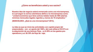 ¿Cómo se beneficiara usted y sus socios?
Nuestra idea de negocio estará enmarcada como una microempresa,
la cual según la norma colombiana define a la microempresa como:
“unidad económica que tiene activos totales hasta de 500 salarios
mínimos mensuales legales vigentes y menos de 10 empleados.”
(BANCOLDEX. ¿Qué es una microempresa? 2013).
La idea es que se inicie las actividades con capital propio del
emprendedor, con un aporte del 100%, del cual utiliza el 55.51% en
la adquisición de sus Activos Fijos, un 6.39% en los gastos pre-
operativos y un 38.10% de flujo de caja.
 