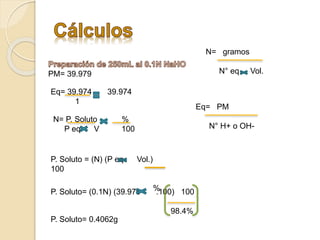 PM= 39.979 
Eq= 39.974 39.974 
1 
N= P. Soluto % 
P eq V 100 
P. Soluto = (N) (P eq Vol.) 
100 
P. Soluto= (0.1N) (39.979 % .100) 100 
98.4% 
P. Soluto= 0.4062g 
N= gramos 
N° eq Vol. 
Eq= PM 
N° H+ o OH- 
 
