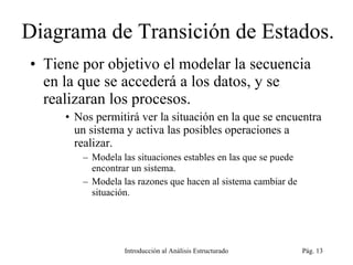 Diagrama de Transición de Estados. Tiene por objetivo el modelar la secuencia en la que se accederá a los datos, y se realizaran los procesos. Nos permitirá ver la situación en la que se encuentra un sistema y activa las posibles operaciones a realizar. Modela las situaciones estables en las que se puede encontrar un sistema. Modela las razones que hacen al sistema cambiar de situación. Introducción al Análisis Estructurado Pág.  
